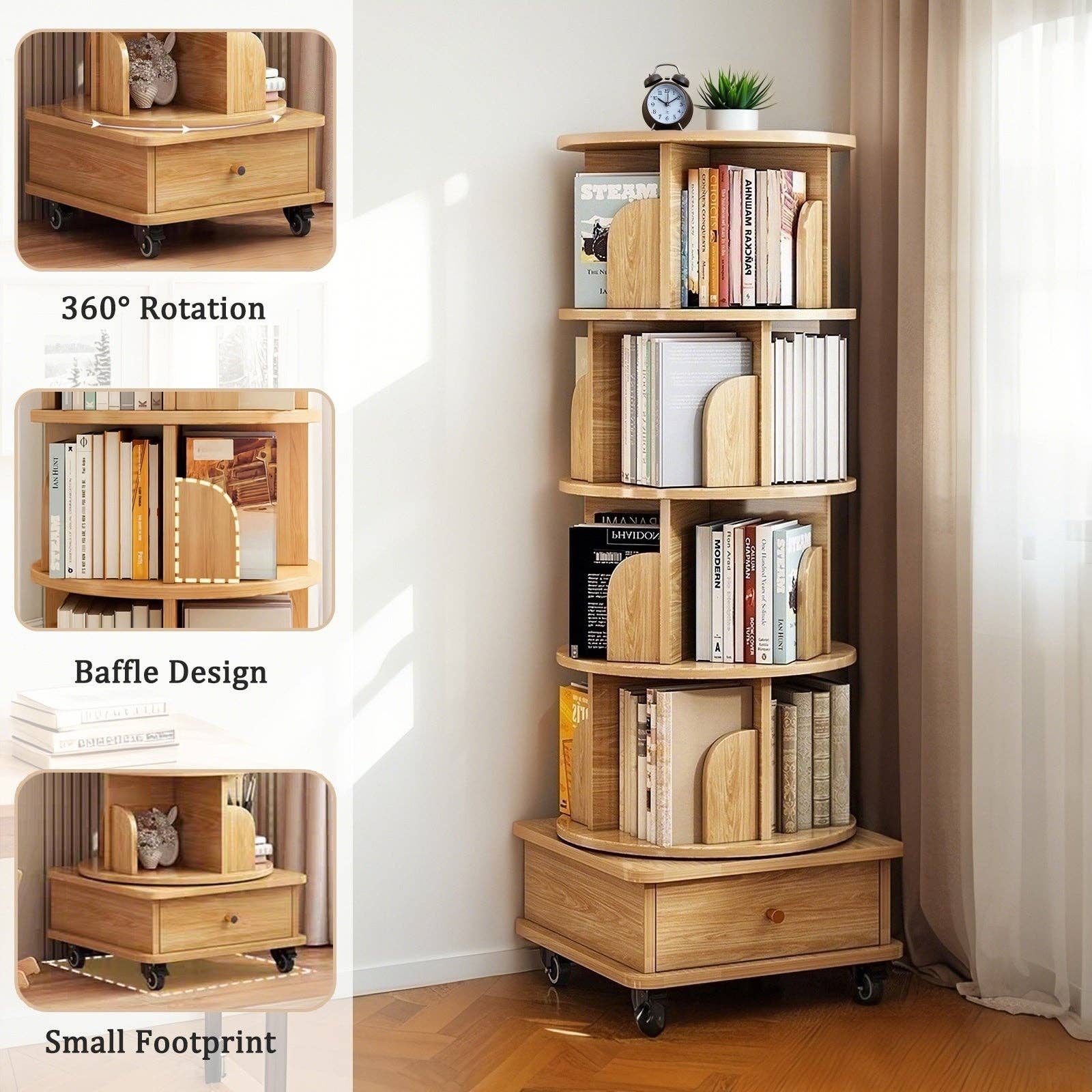 Rotating Bookshelf w/Drawer | 6 Tier