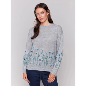 Sweater w/Embroidered Flowers | Grey