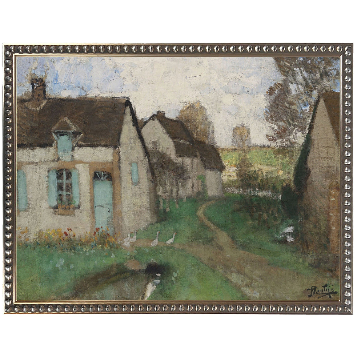 Vintage Oil Reproduction  House w/Blue Shutters
