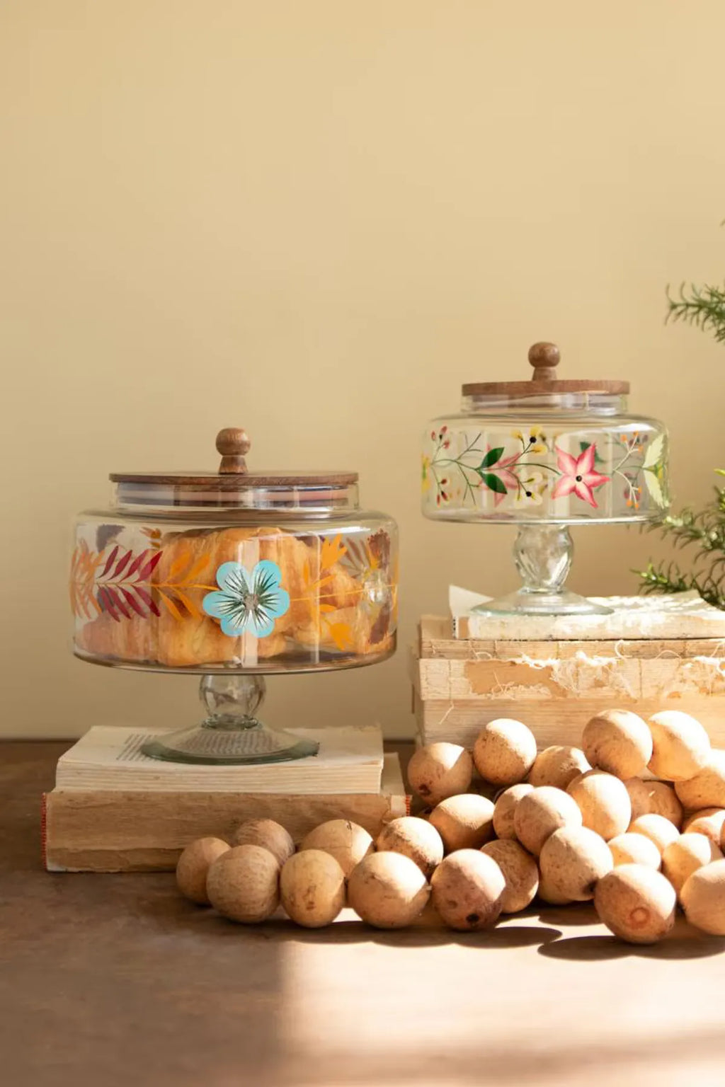 S/2 Hand-Pained Floral Footed Glass Canisters