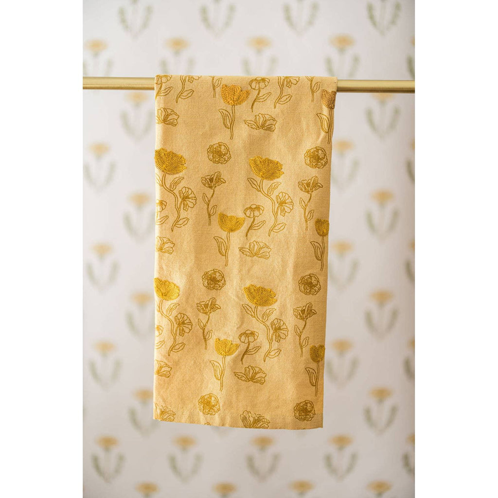 Yellow Poppy Embroidered Tea Towel