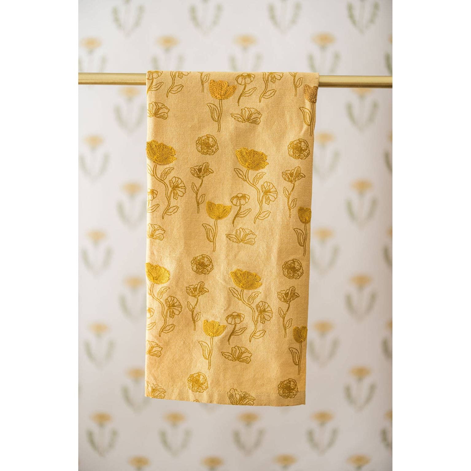 Yellow Poppy Embroidered Tea Towel