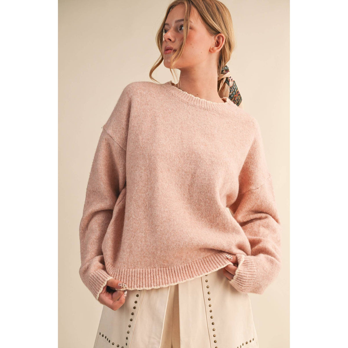 &MERCI - CONTRAST KNIT SCALLOPED EDGE SWEATER MSW11114: CHARCOAL PINK / S
