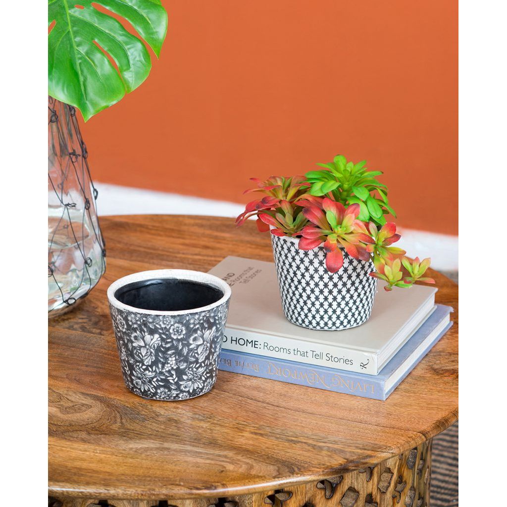 Black & White Floral Terracotta Planter | Style II
