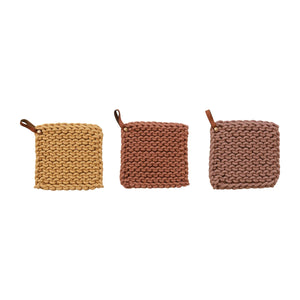 Cotton Crocheted Pot Holder w/Leather Loop