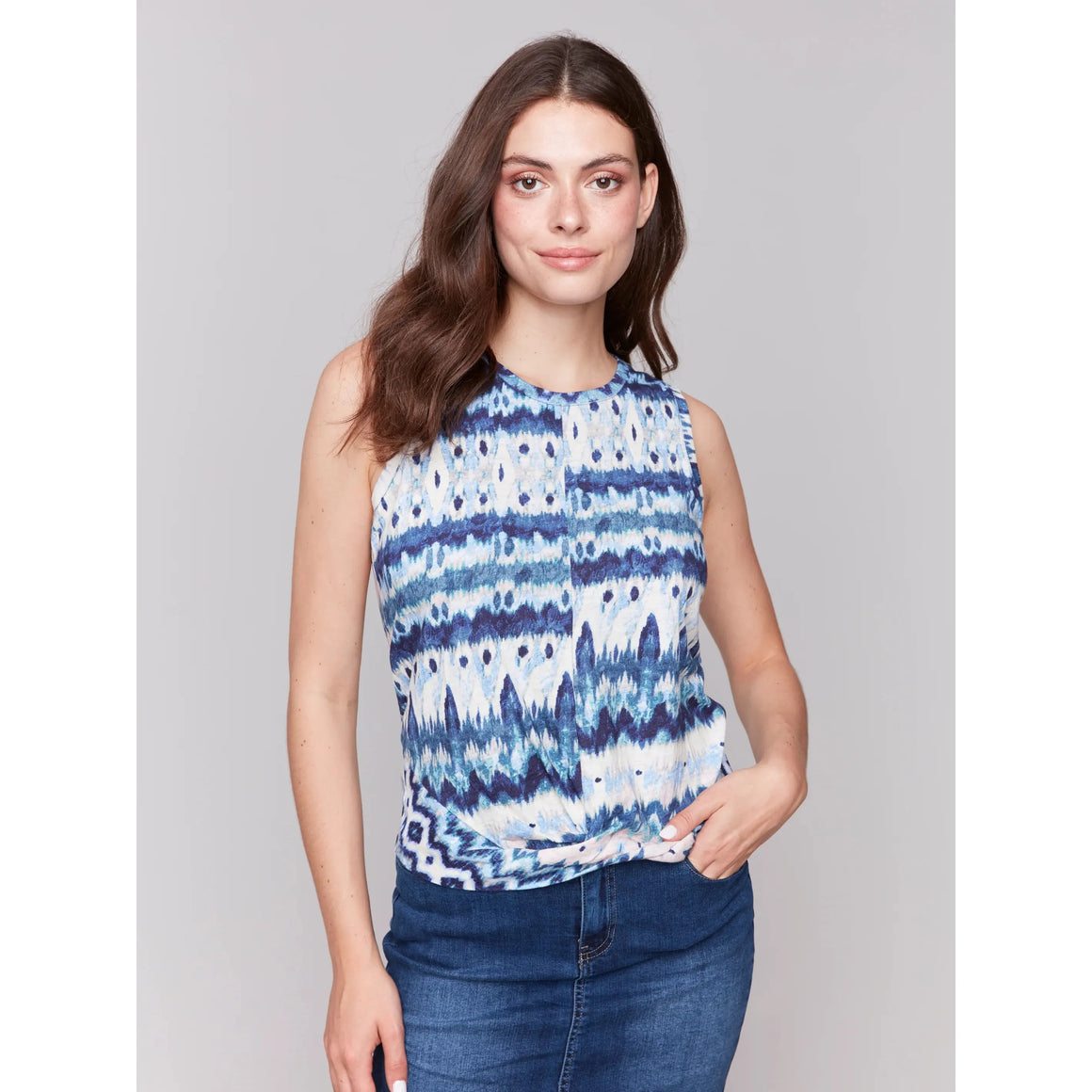 Printed Crewneck Tank w/ Knot Detail