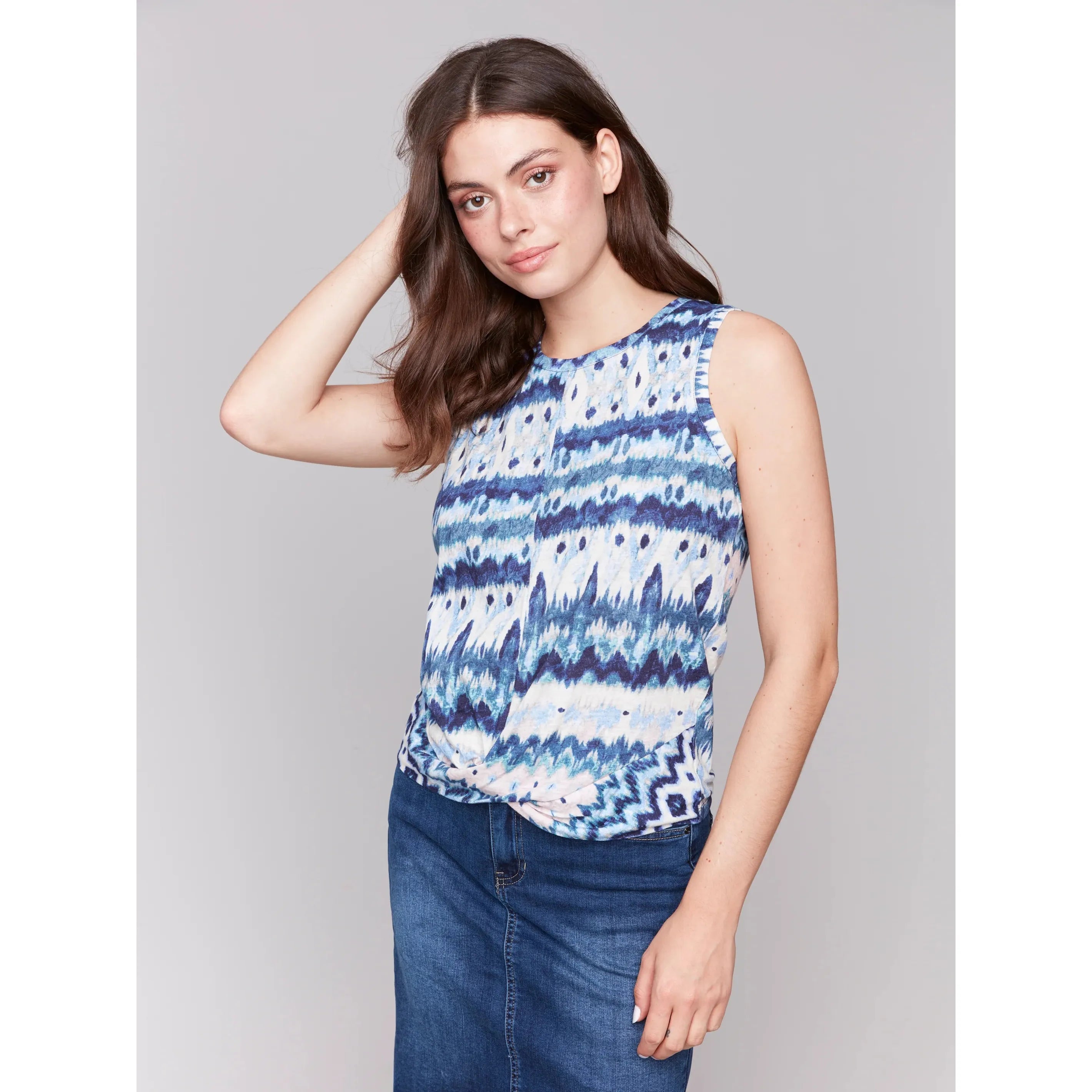 Printed Crewneck Tank w/ Knot Detail
