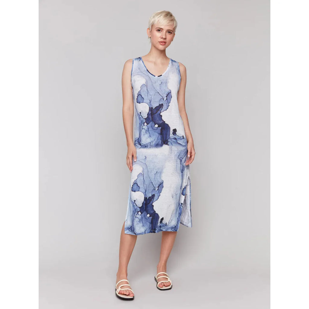 Printed Sleeveless Linen Blend Dress with Side Slits | Ink