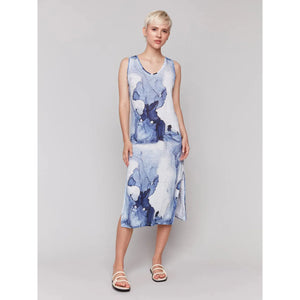 Printed Sleeveless Linen Blend Dress with Side Slits | Ink