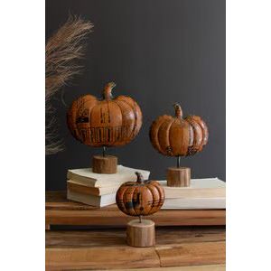 Recycled Metal Pumpkin on Wooden Base