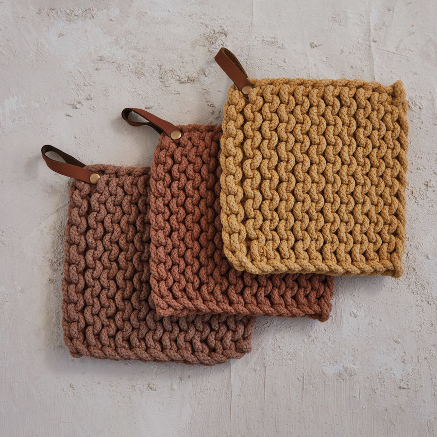 Cotton Crocheted Pot Holder w/Leather Loop