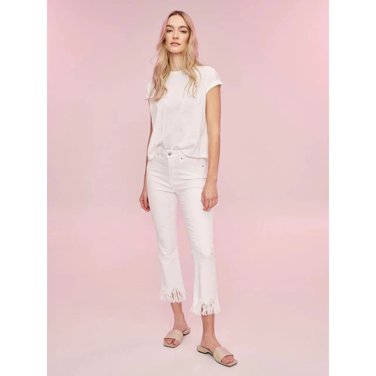 Cropped Jeans w/Fringed Hem | White