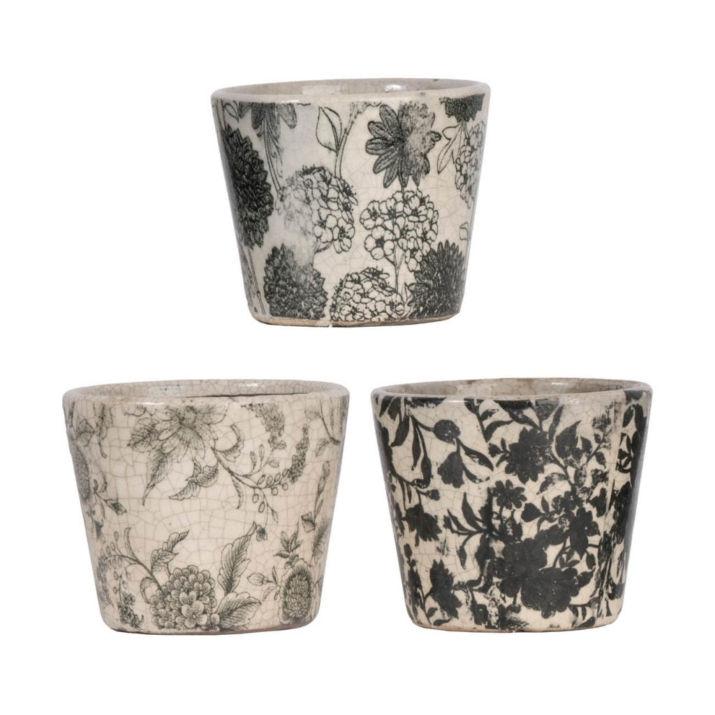 Black & White Floral Terracotta Planter