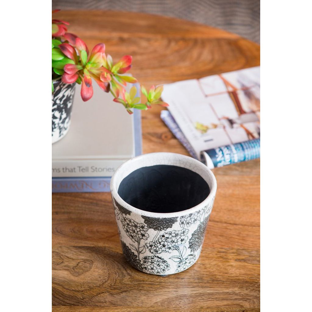 Black & White Floral Terracotta Planter
