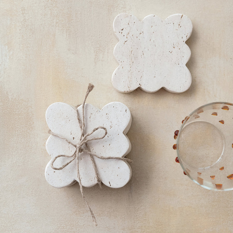 S/4 Travertine Coasters w/ Scalloped Edge