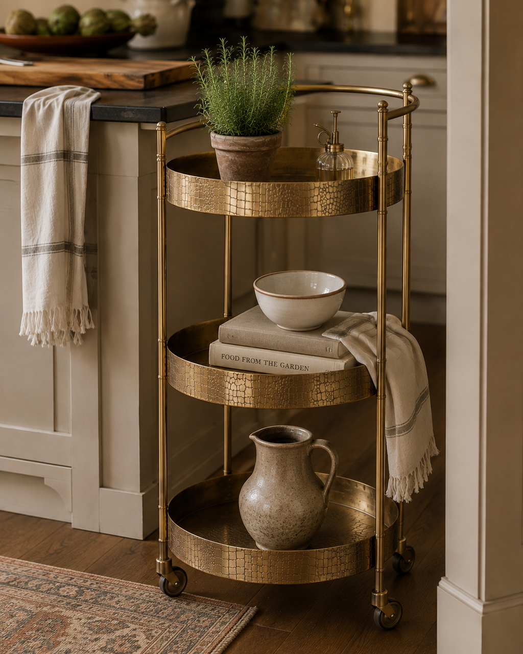 Embossed Gold Three-Tier Serving Trolley