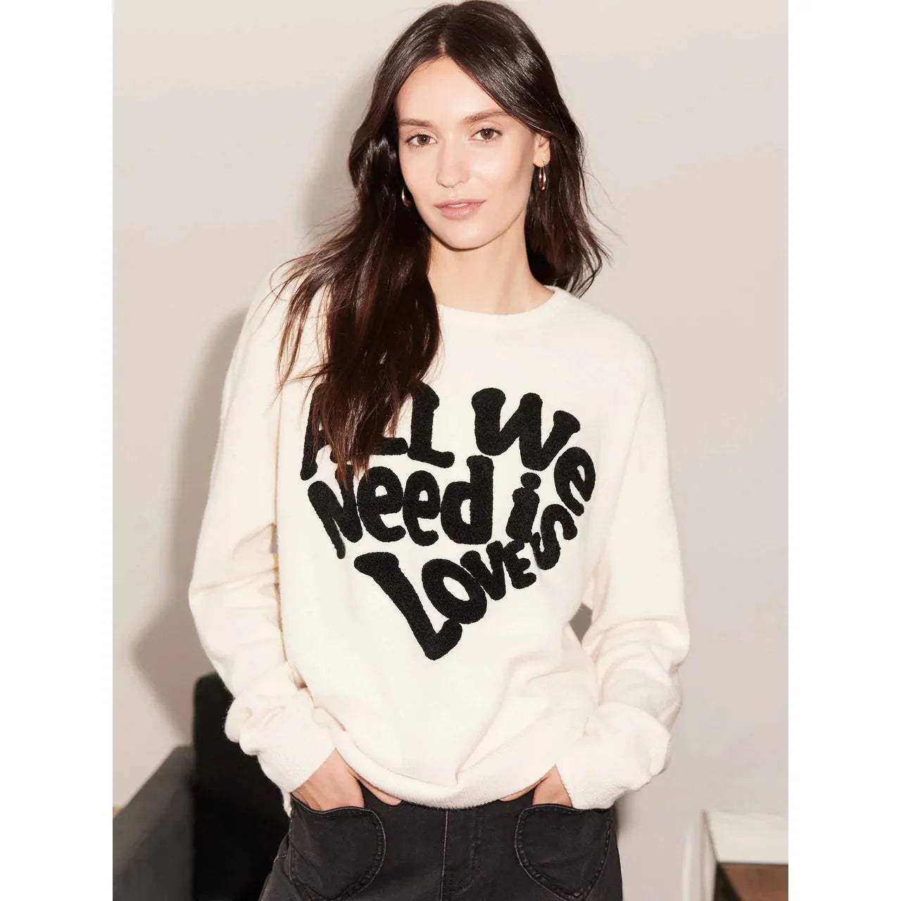 Crew Neck Sweater with Love Embroidery | Ecru