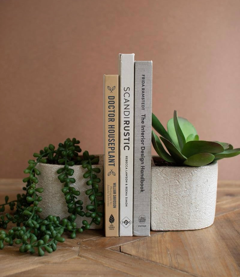 S/2 White Concrete Bookend Planters/Crocks