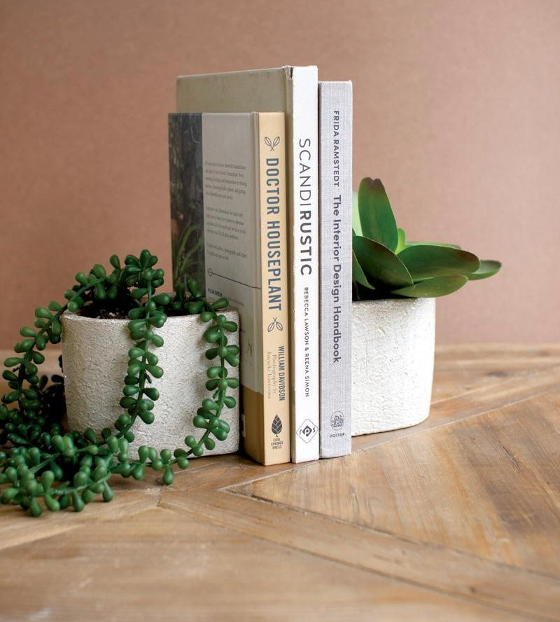 S/2 White Concrete Bookend Planters/Crocks