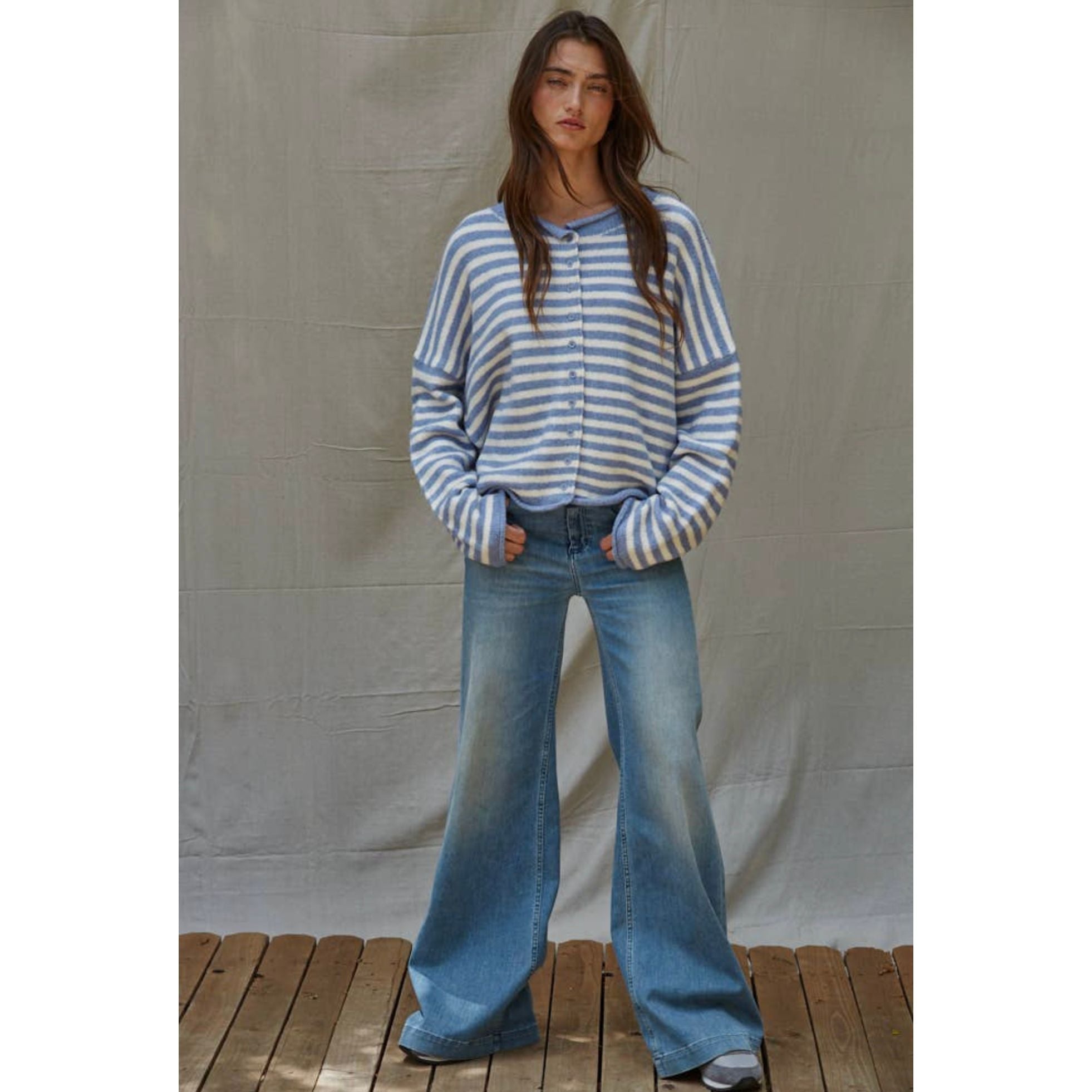 Knit Sweater Striped Buttondown Cardigan Top