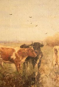 Pastoral Cows on Burlap Canvas