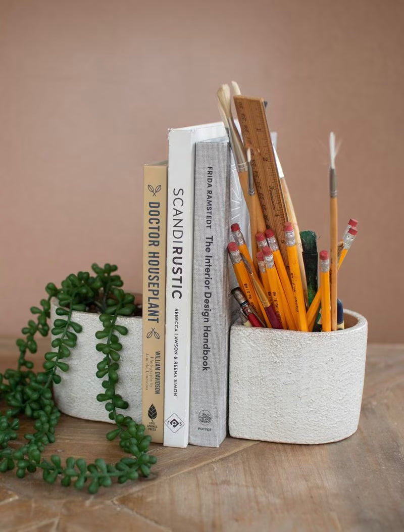 S/2 White Concrete Bookend Planters/Crocks