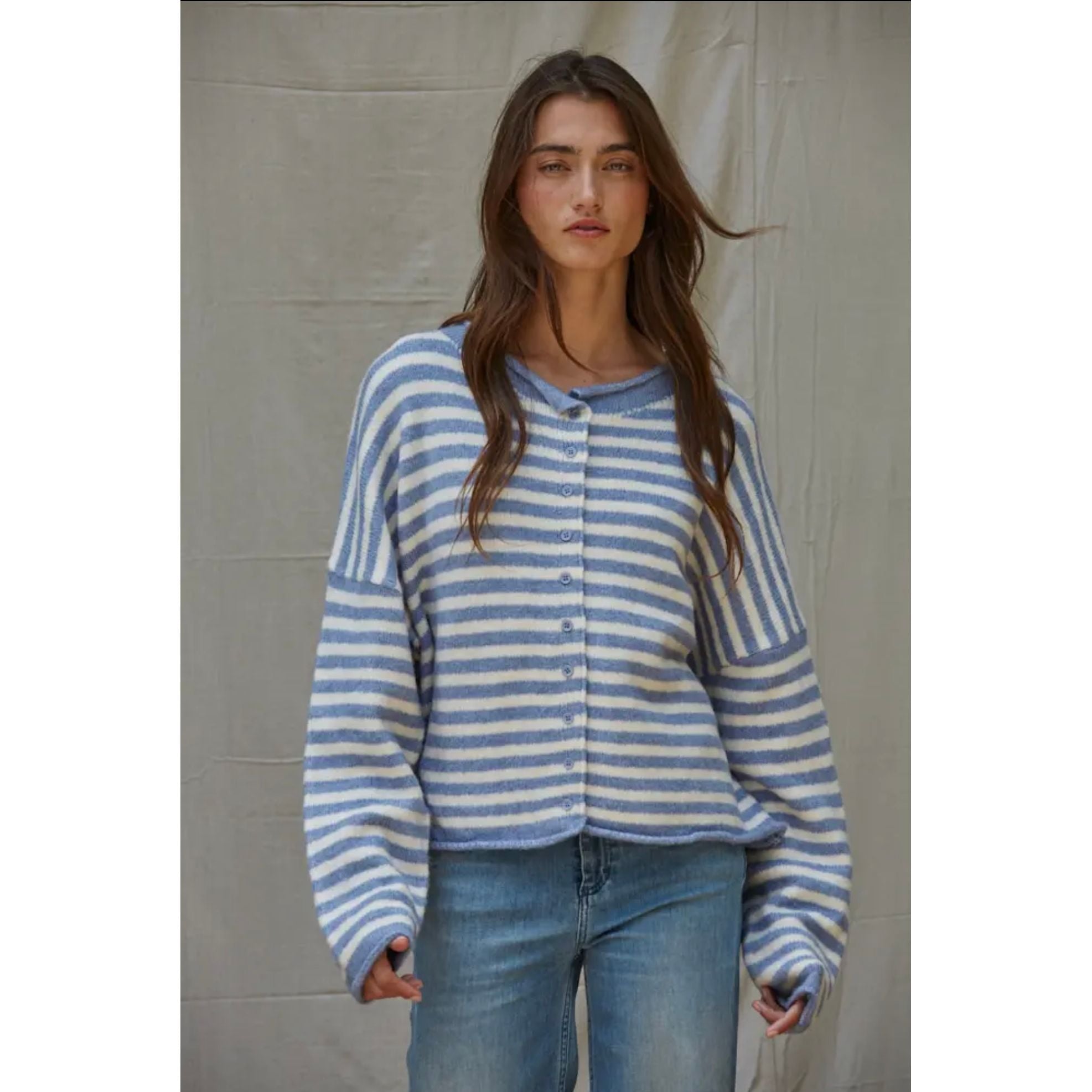Knit Sweater Striped Buttondown Cardigan Top