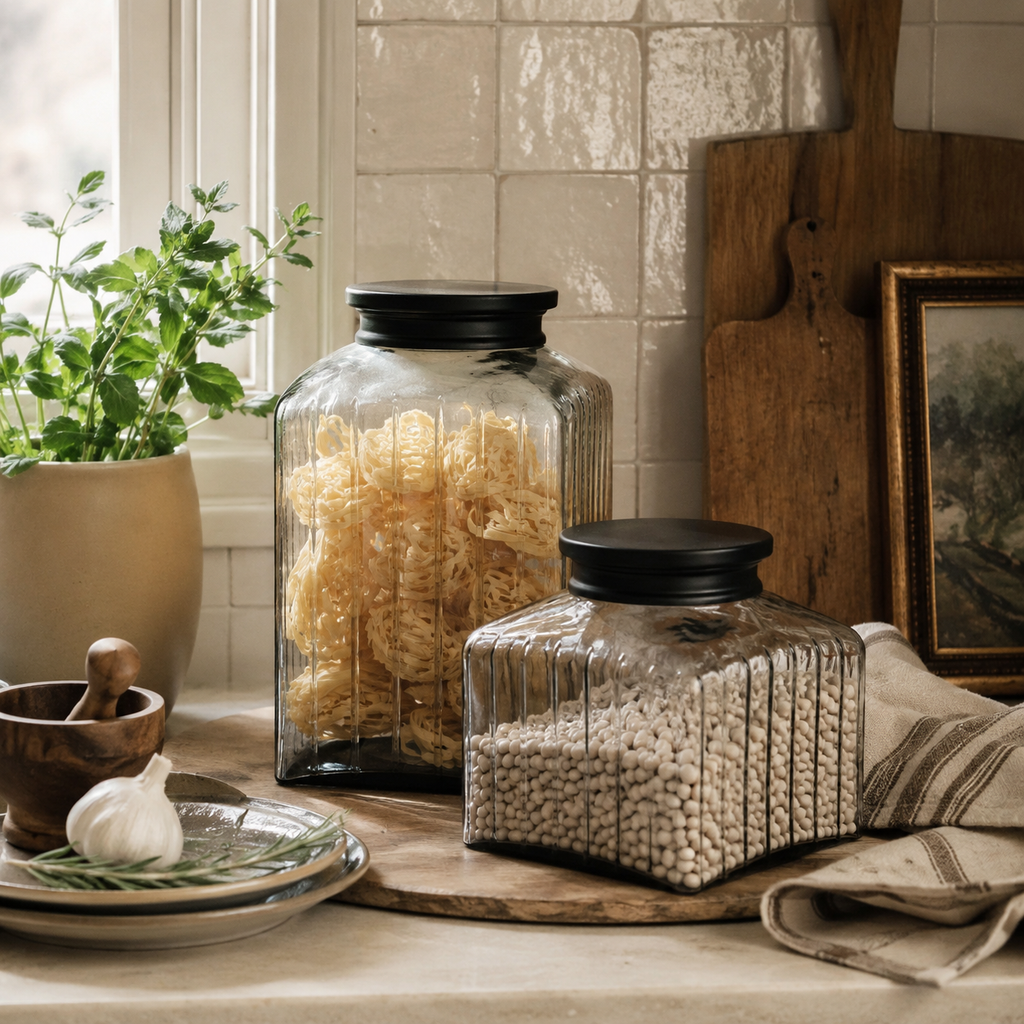 Pressed Glass Jar w/Black Stainless Steel Lid