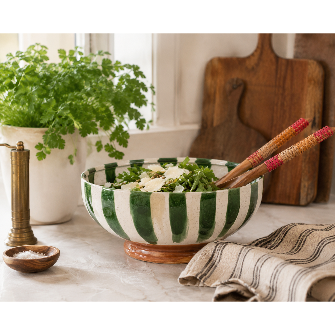 Hand-Painted Green Stripe Stoneware Footed Serving Bowl