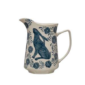 Hand-Painted Stoneware Pitcher w/Rabbit & Flowers | White & Blue