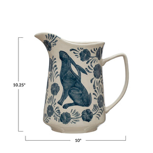 Hand-Painted Stoneware Pitcher w/Rabbit & Flowers | White & Blue