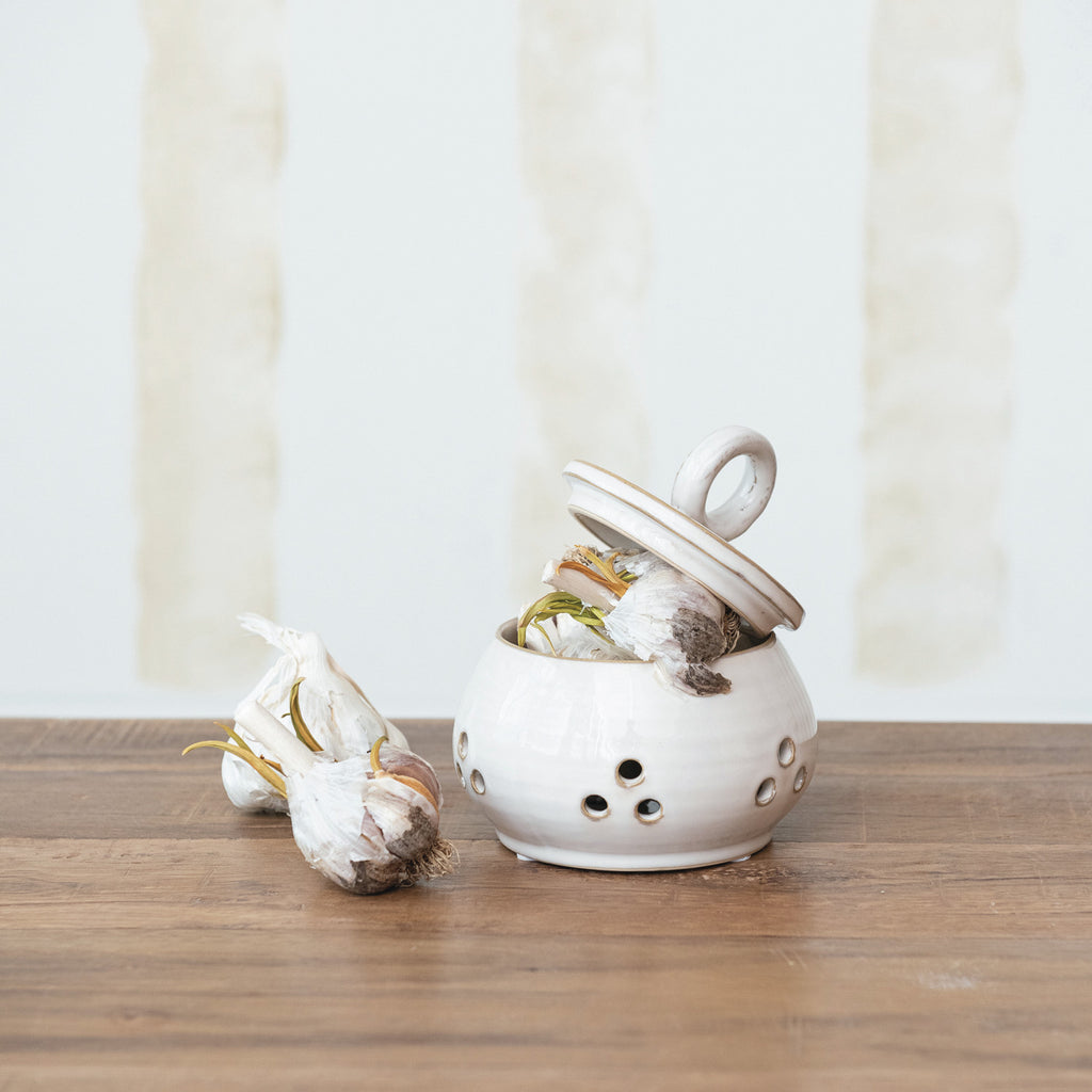 Antique White Stoneware Garlic/Onion Keeper