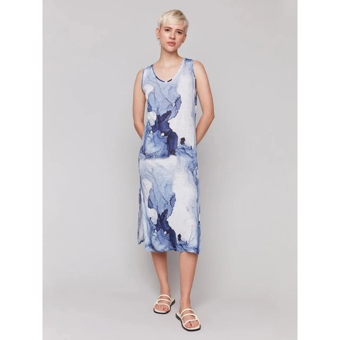 Printed Sleeveless Linen Blend Dress with Side Slits | Ink
