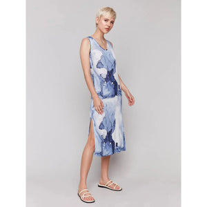 Printed Sleeveless Linen Blend Dress with Side Slits | Ink