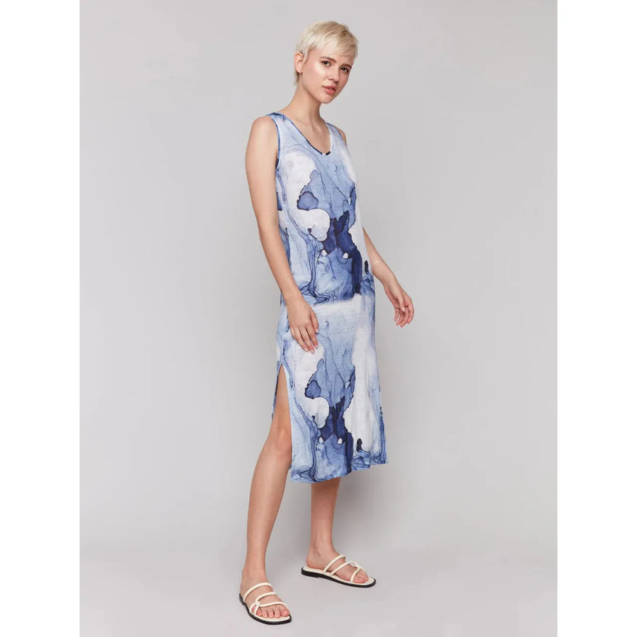 Printed Sleeveless Linen Blend Dress with Side Slits | Ink