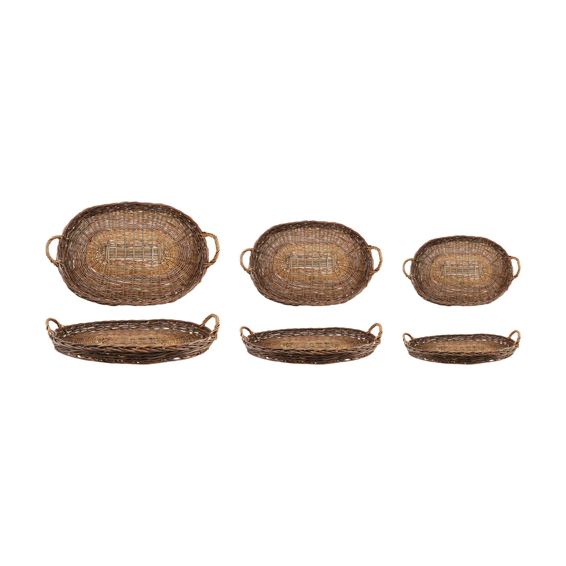 Oval Decorative Hand-Woven Wicker Tray w/Handles
