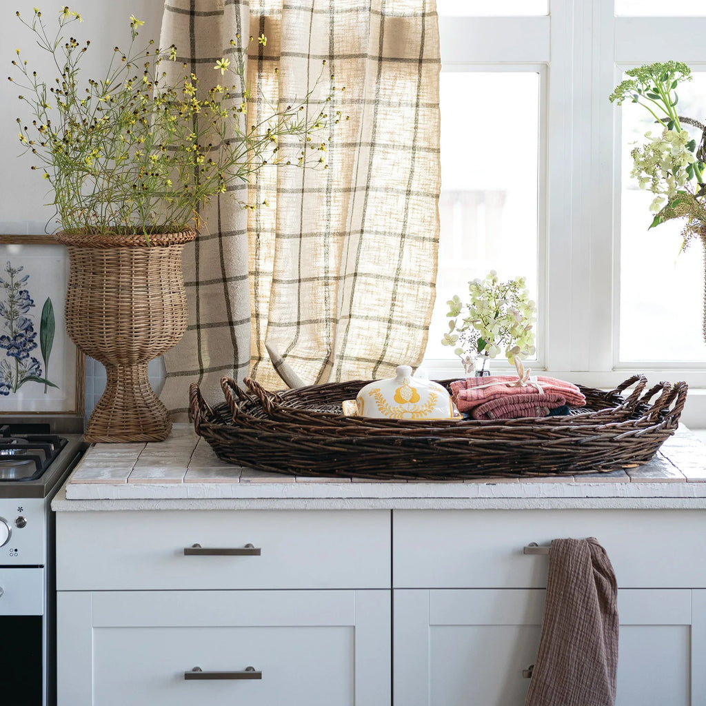Oval Decorative Hand-Woven Wicker Tray w/Handles