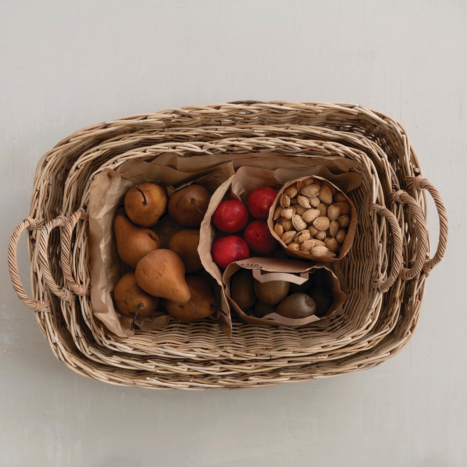 Hand-Woven Natural Rattan Basket w/Handles
