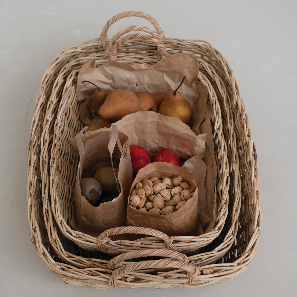 Hand-Woven Natural Rattan Basket w/Handles