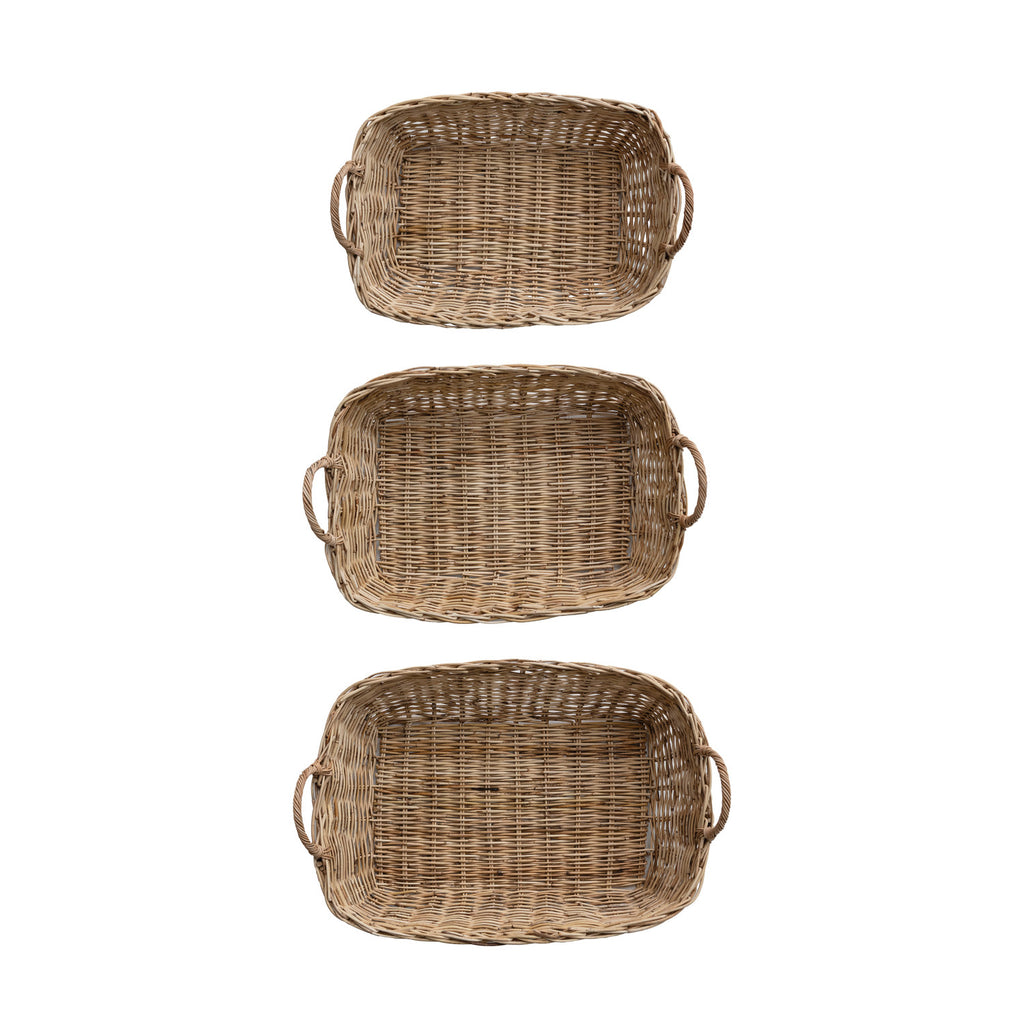 Hand-Woven Natural Rattan Basket w/Handles