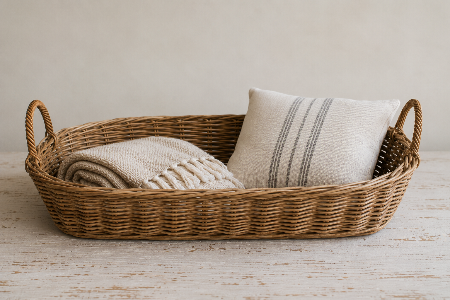 Hand-Woven Natural Rattan Basket w/Handles