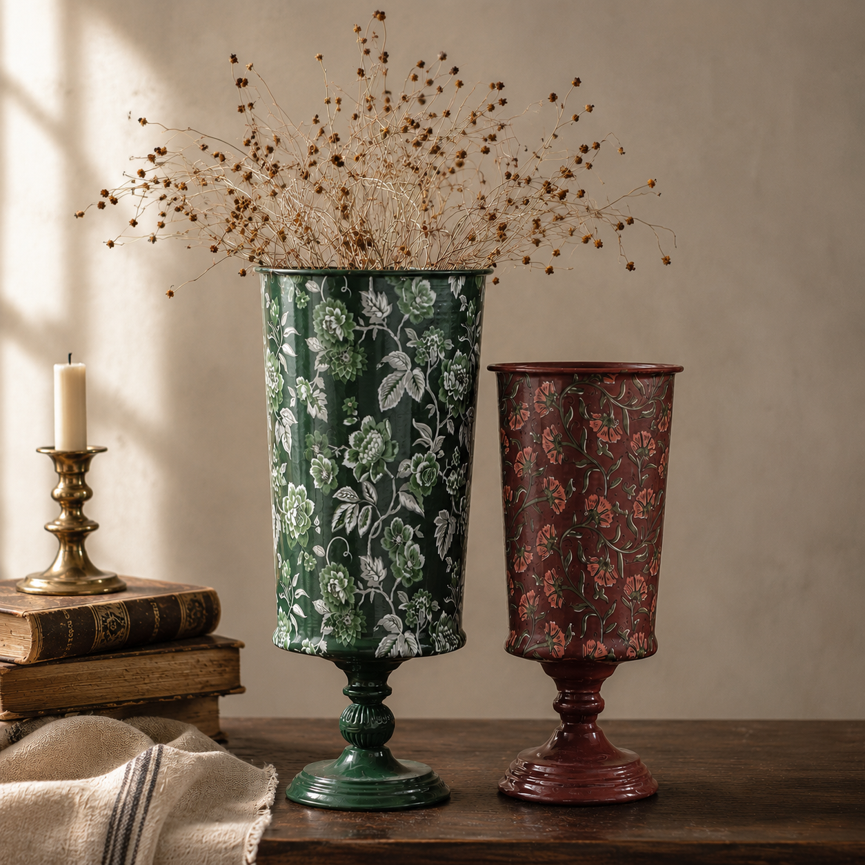 Footed Floral Metal Vase