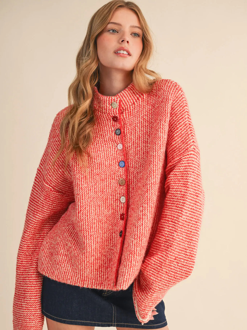 Striped Sweater Cardigan with Colorful Buttons