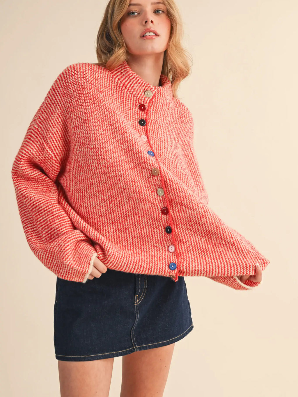 Striped Sweater Cardigan with Colorful Buttons