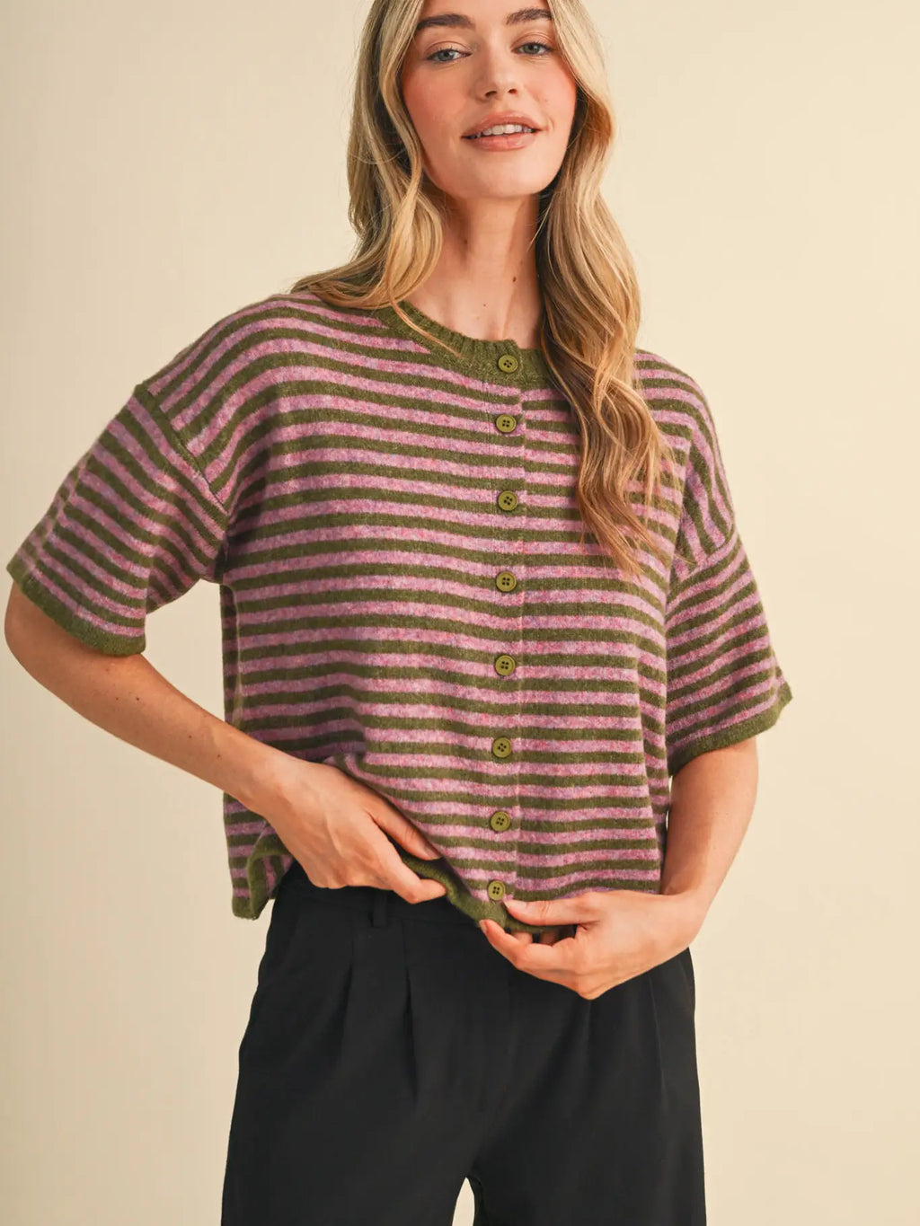 Striped Short Sleeve Sweater Cardigan