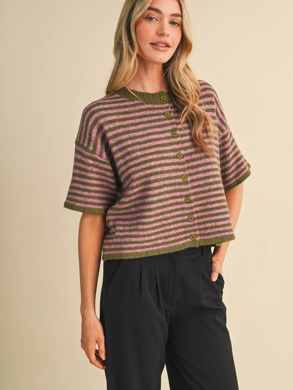 Striped Short Sleeve Sweater Cardigan