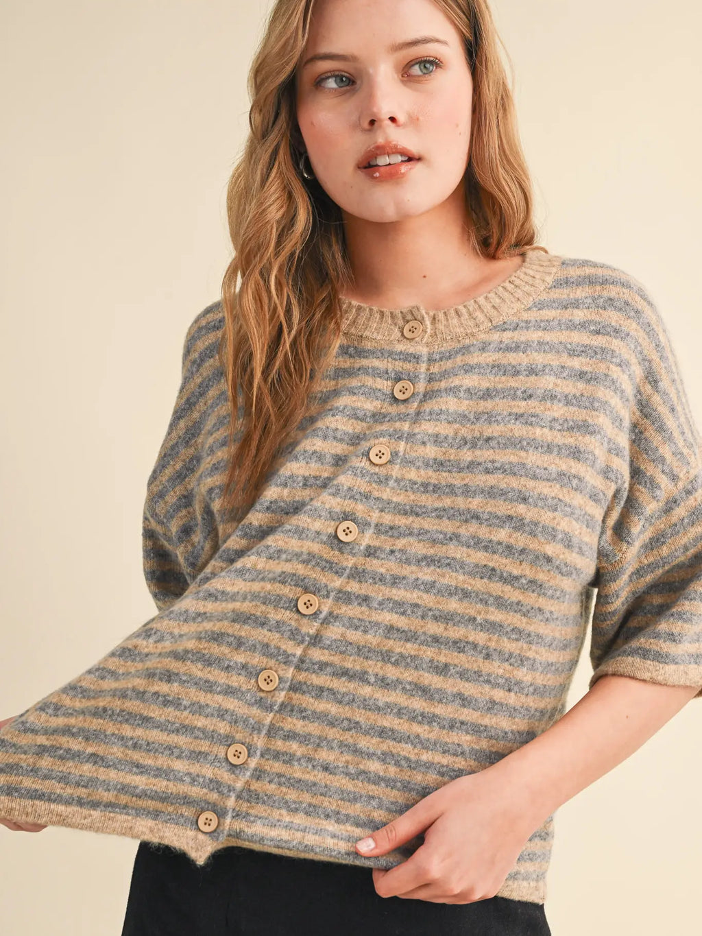 Striped Short Sleeve Sweater Cardigan