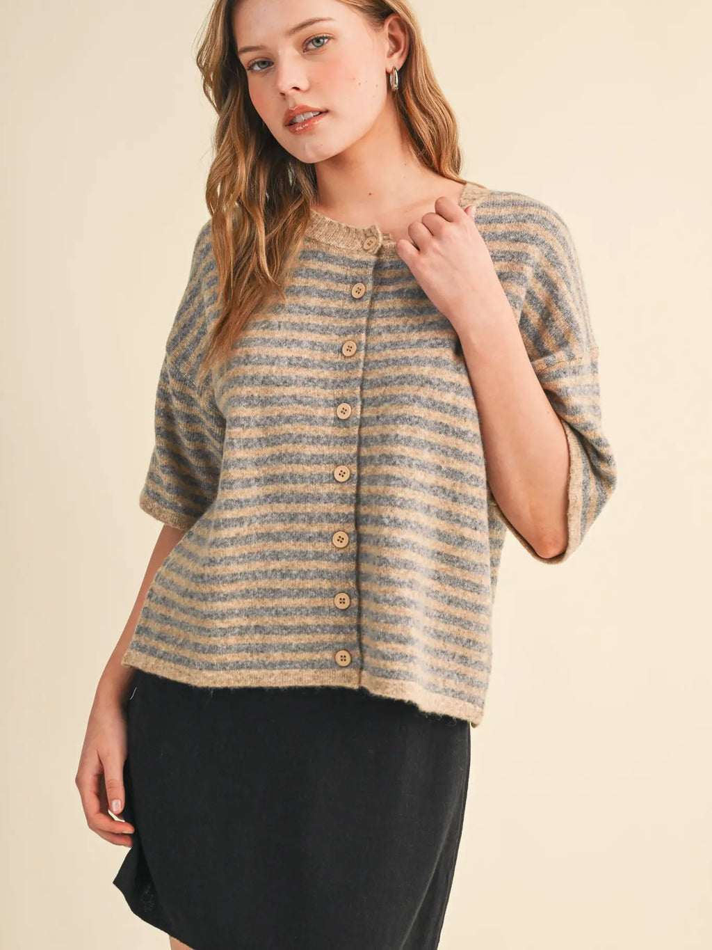 Striped Short Sleeve Sweater Cardigan