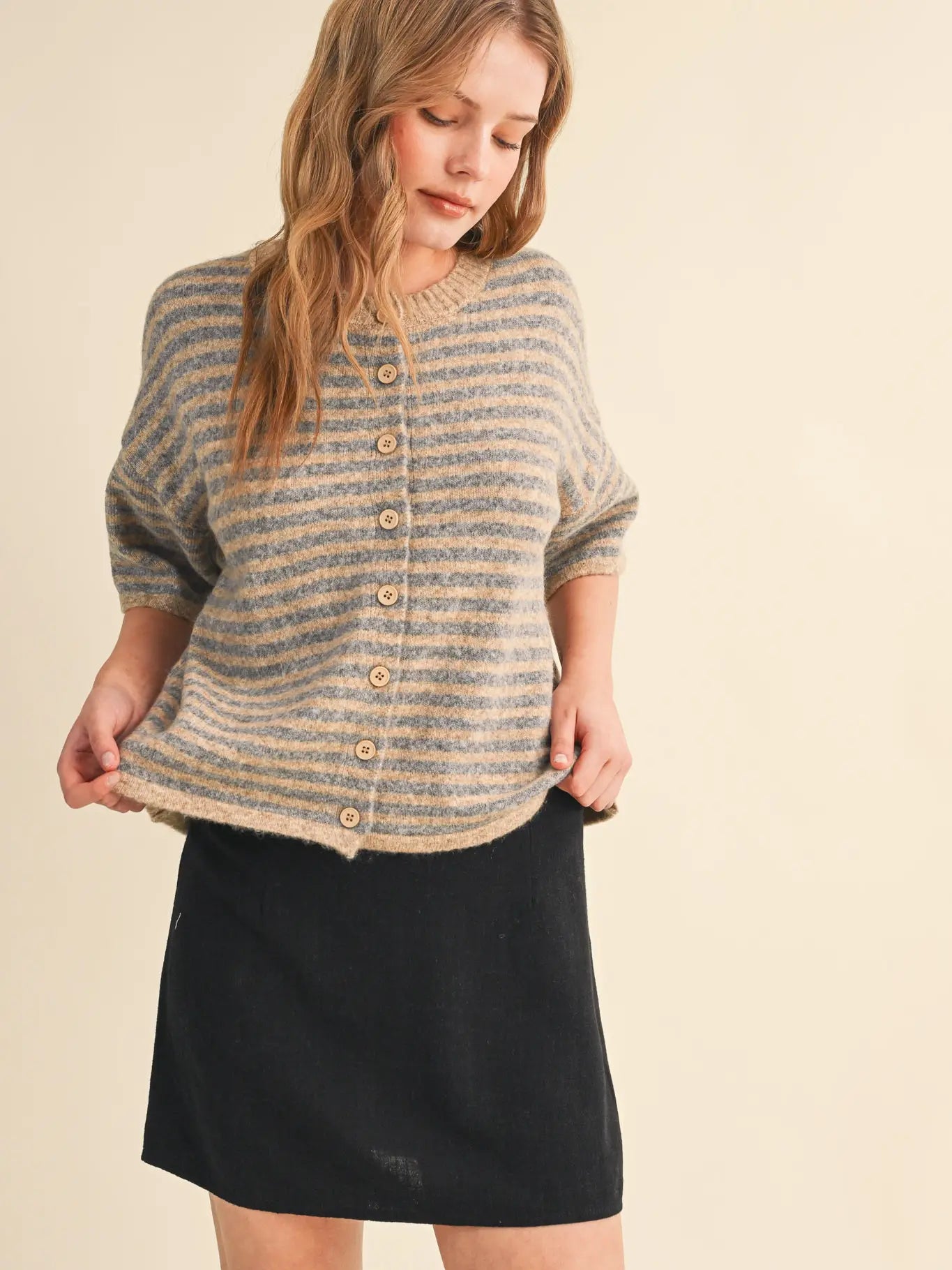 Striped Short Sleeve Sweater Cardigan