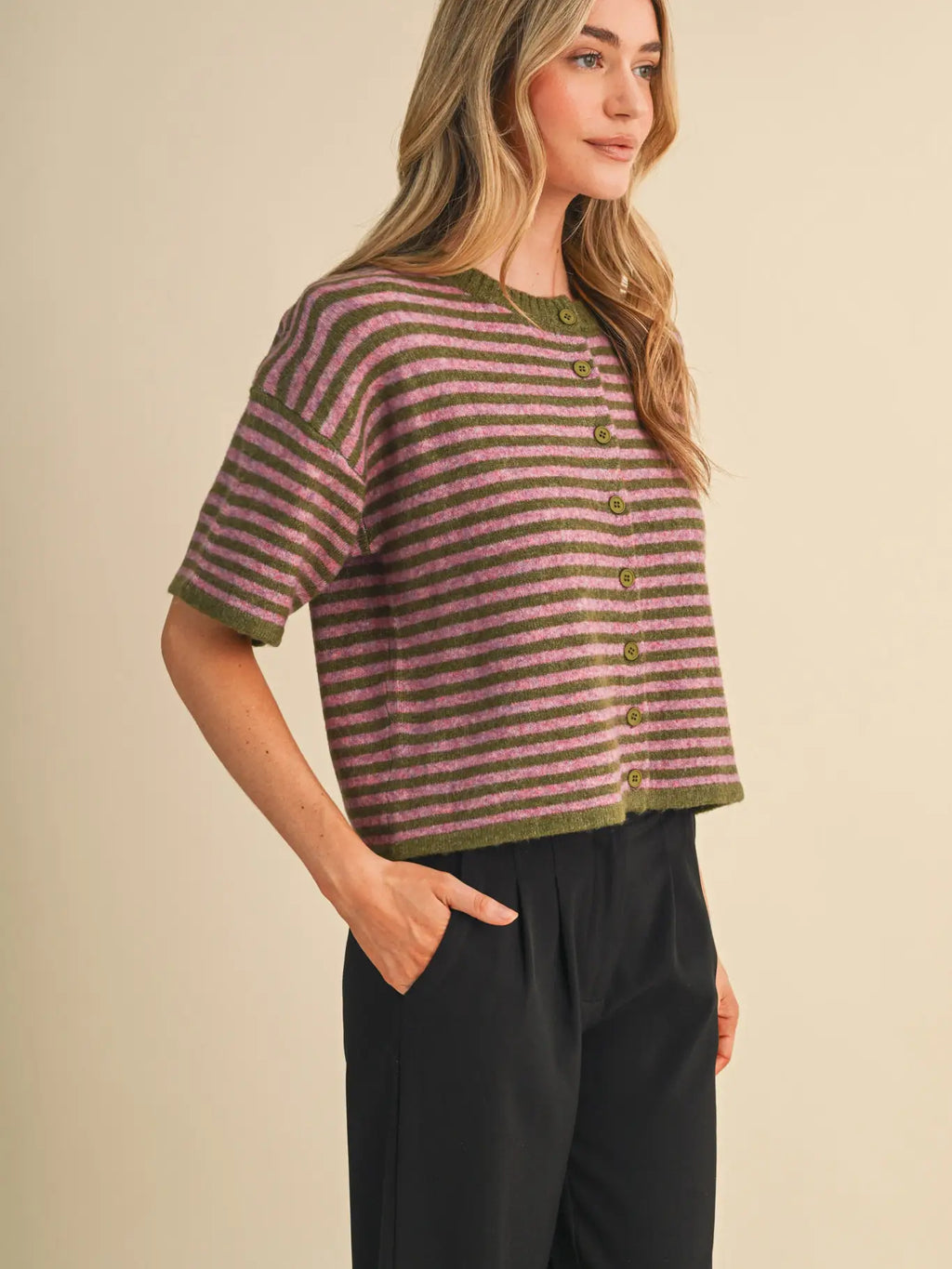Striped Short Sleeve Sweater Cardigan